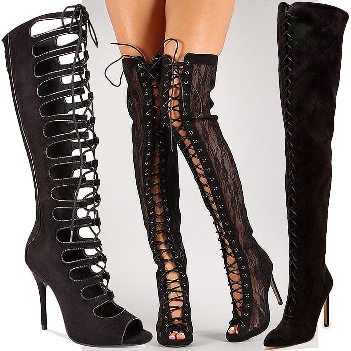 ZiGi Soho "Valerina" Open-Toe Lace-Up Boots / Room of Fashion Lace Peep-Toe Lace-Up Boots / Chelsea + Zoe "Pagan" Lace-Up Over-the-Knee Boots