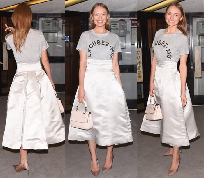 Laura Haddock at the 'Dior and I' UK premiere in London, March 16, 2015, effortlessly pairing a casual tee with a satin A-line skirt