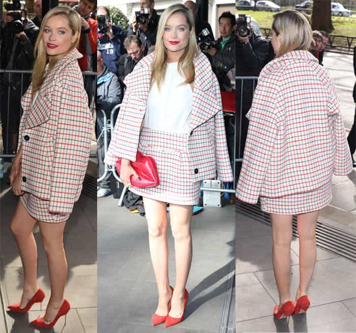 Layered Sophistication: Laura Whitmore adds depth to her mini skirt outfit with stylish layers at The Tric Awards 2015, London
