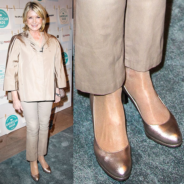 Martha Stewart wearing metallic Christian Louboutin pumps with the soles painted black