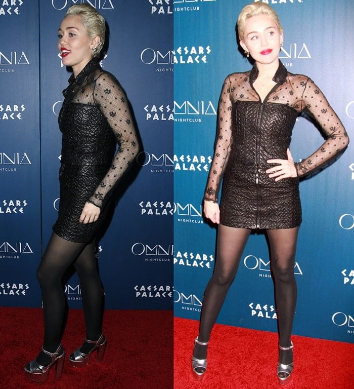 Miley Cyrus flaunted her sexy legs in black stockings