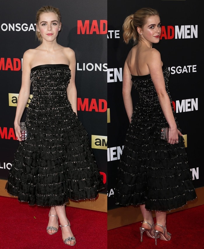 Kiernan Shipka in a strapless Miu Miu dress featuring glimmering Swarovski crystal embroidery