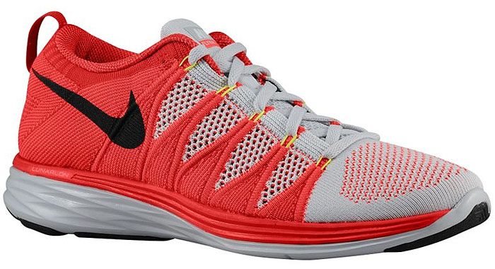 Nike Men's "Flyknit Lunar 2" Sneakers in Pure Platinum/Bright Crimson/University Red/Black