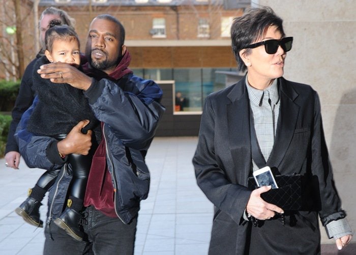 Kanye West, North West, and Kris Jenner out in London on March 3, 2015