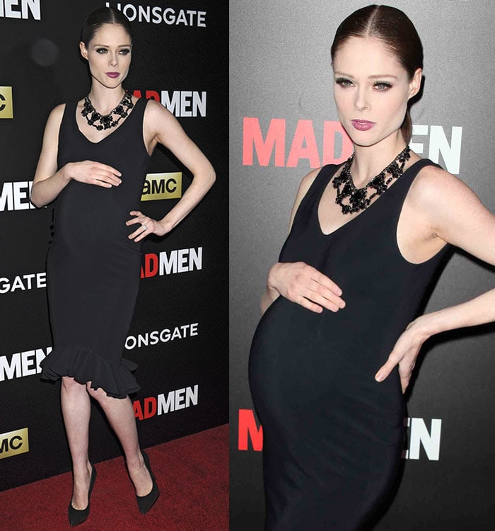 Coco Rocha in a fitted Greta Constantine little black dress with a ruffled hemline