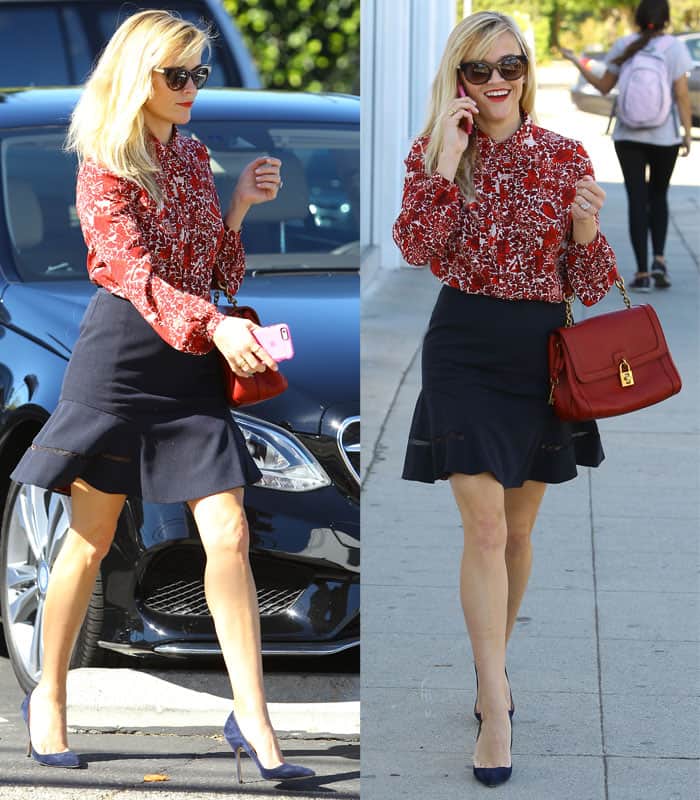 Classic Elegance: Reese Witherspoon showcases a perfect mix of a button-down shirt with a mini skirt for a sleek, everyday style