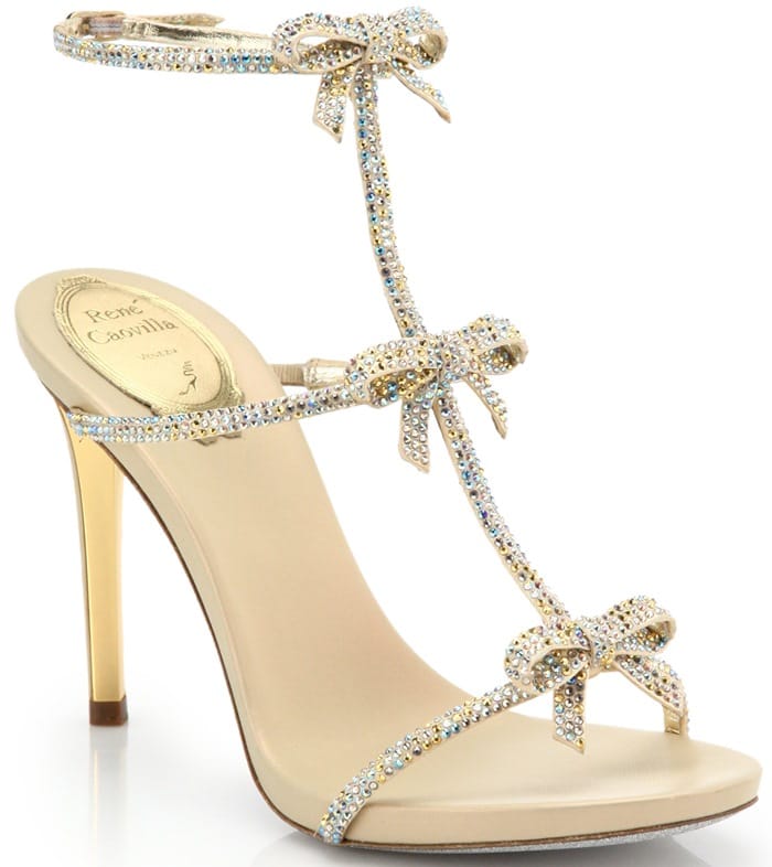 Rene Caovilla Gold Strass Swarovski Crystal Bow Sandals