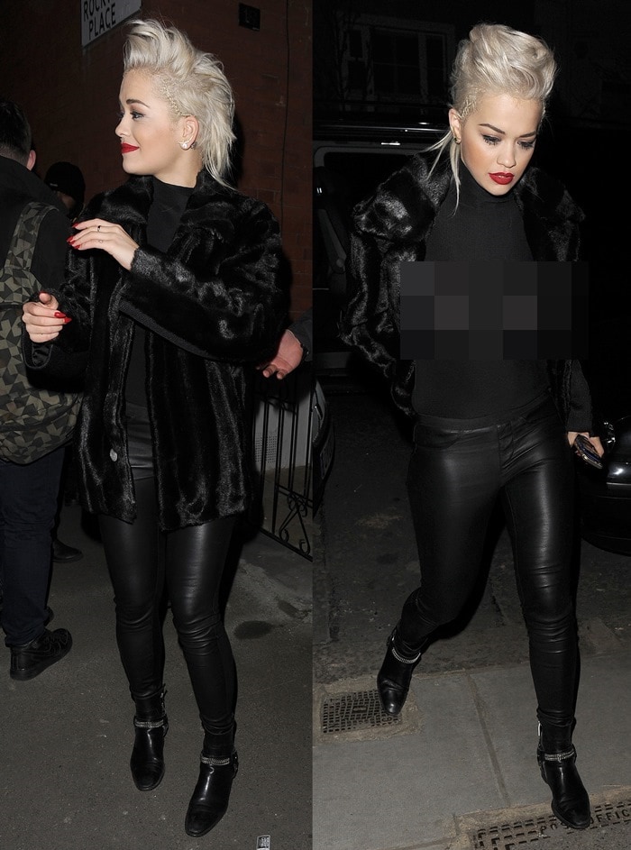 Rita Ora in a see-through top with tight leather leggings and a black fur coat