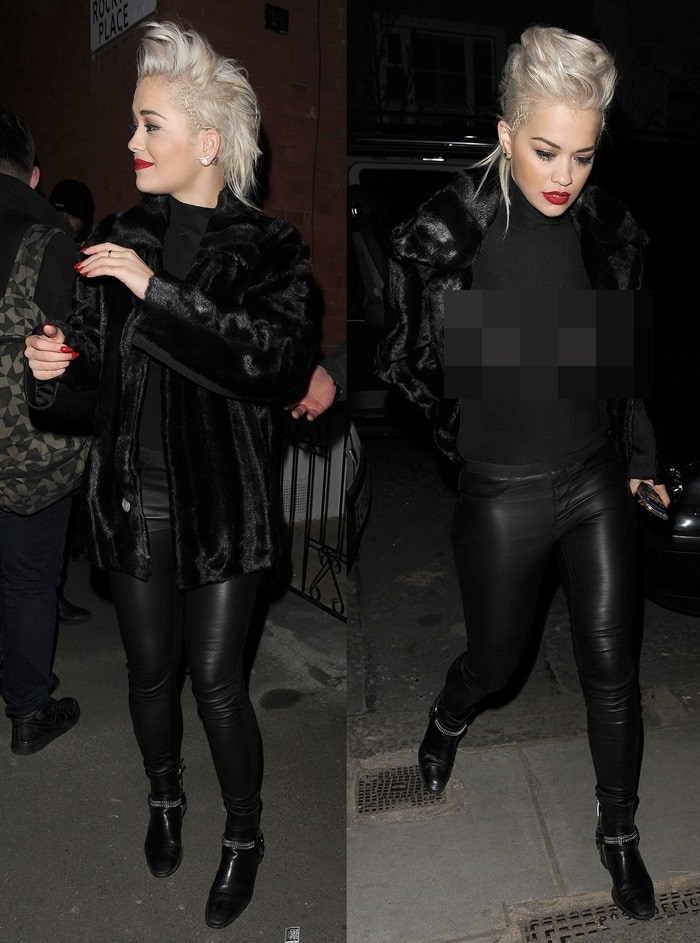 Rita Ora in a see-through top with tight leather leggings and a black fur coat