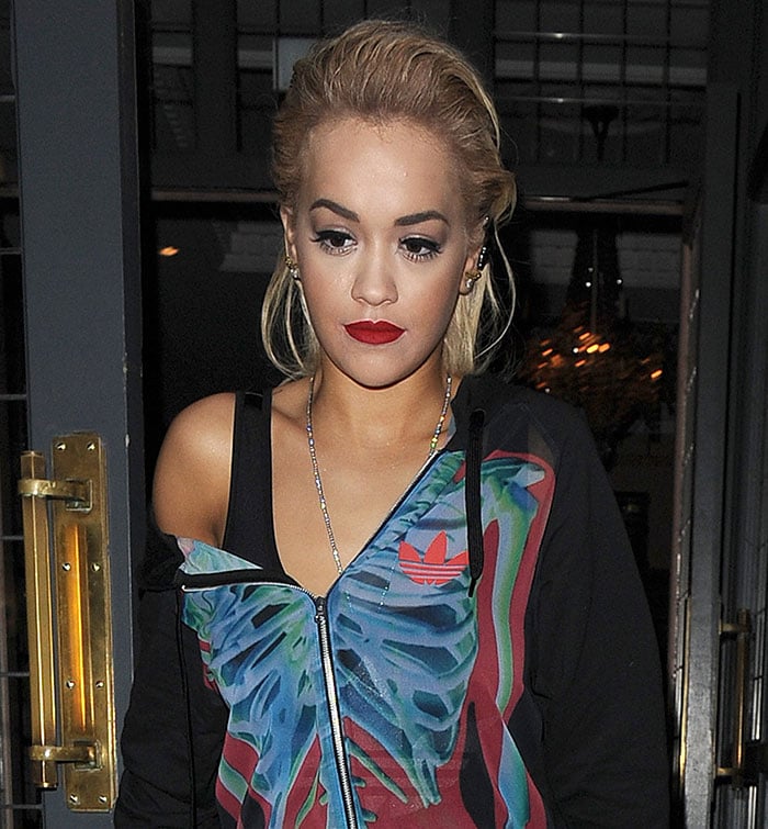 Rita Ora on her way to the launch of the pop-up store for her Adidas range at Harrods in London, England, on March 19, 2015