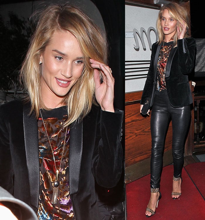 Rosie Huntington-Whiteley's side part hairstyle and sheer blouse with colorful oriental embroideries