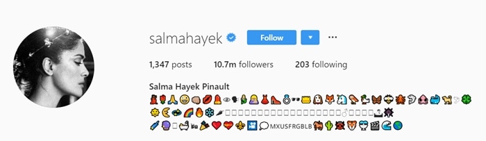 Salma Hayek Pinault's Instagram profile showcases her vibrant personality with playful emojis