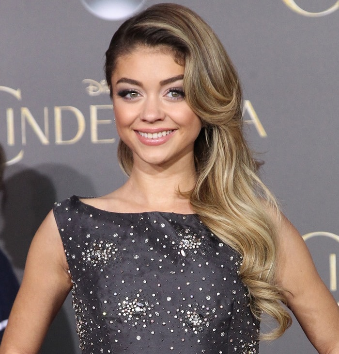 Sarah Hyland's playful charcoal dress with glamorous adornments