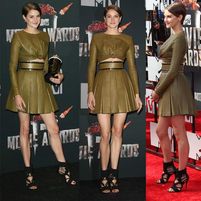 Shailene Woodley captures a youthful edge in her Balmain leather dress at the 23rd Annual MTV Movie Awards, Los Angeles, April 2014