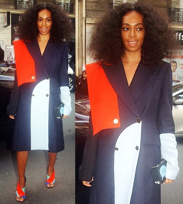 Solange Knowles flashed her legs in a color-block coat from the Harbison