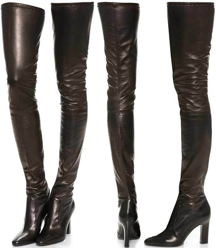 Luxe, soft stretch leather composes these sexy thigh-high boots, yielding a sleek, second-skin fit through the shaft