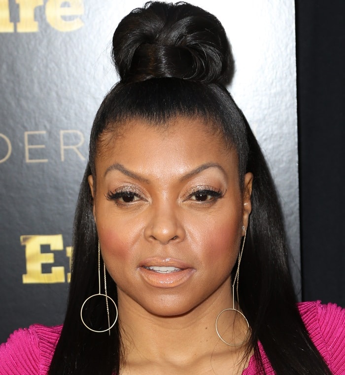 Taraji P. Henson styled her hair in a sleek half-up top knot and accessorized with bold, oversized hoop drop earrings at the Empire ATAS Academy event on March 13, 2015, in Los Angeles