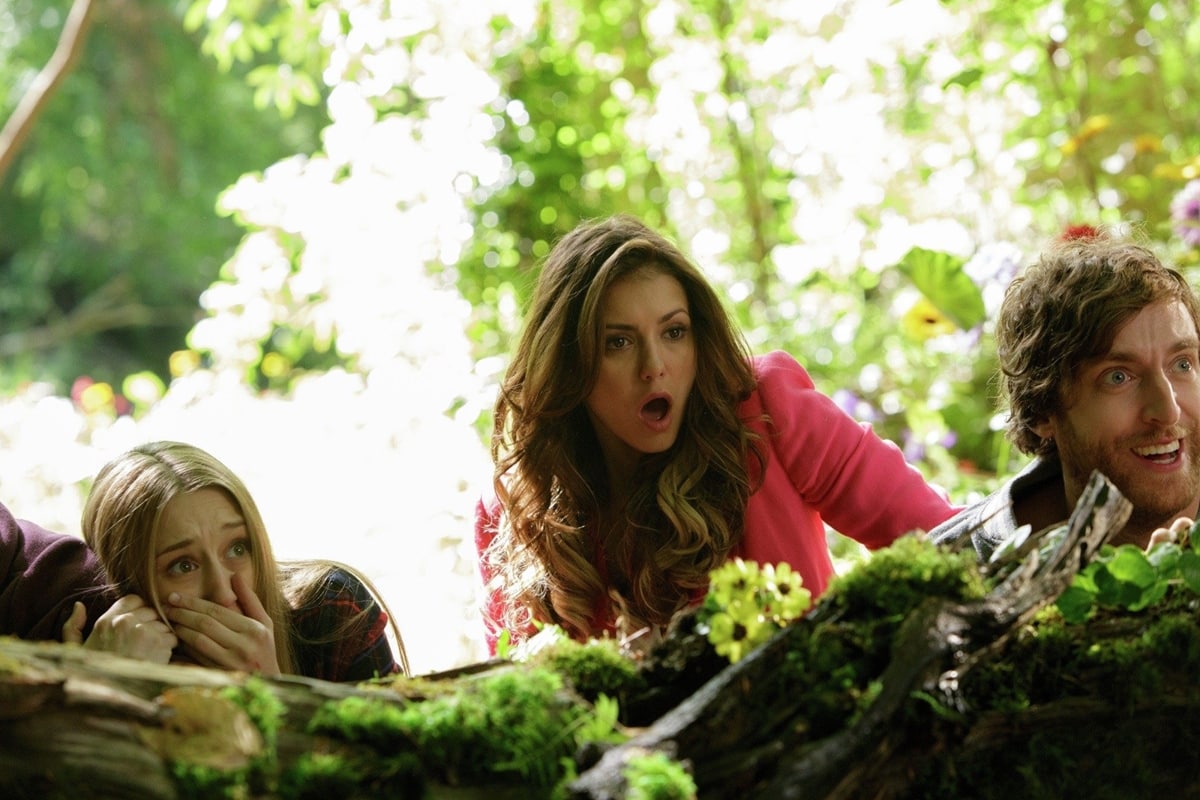 Taissa Farmiga as Max Cartwright, Nina Dobrev as Vicki Summers, and Thomas Middleditch as Duncan in the 2015 American comedy horror film The Final Girls