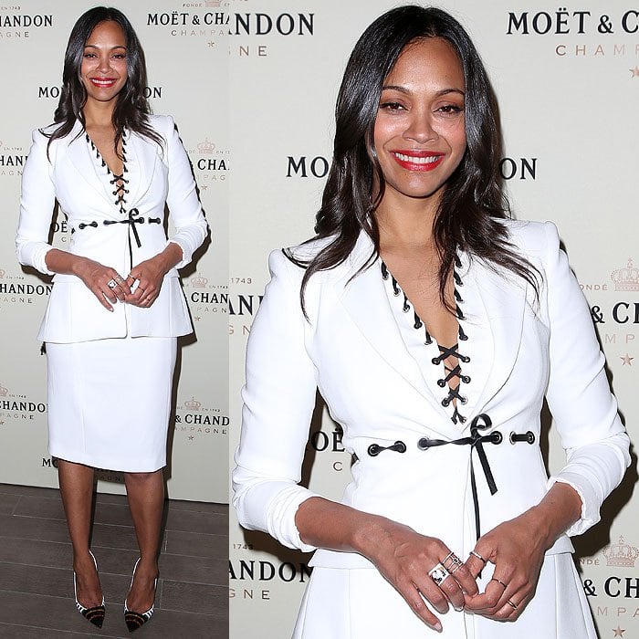 Zoe Saldana at the Moet & Chandon celebration of Roger Federer's 1,000th career match win held at the Four Seasons Hotel in Beverly Hills, California, on March 7, 2015