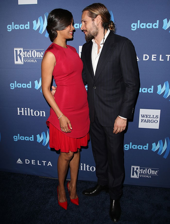 Zoe Saldana and husband Marco Perego at the 26th Annual GLAAD Media Awards at The Beverly Hilton in Los Angeles on March 21, 2015