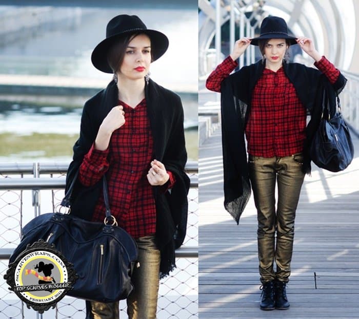 Maria paired gold metallic pants with Deichmann boots and a plaid Stradivarius shirt
