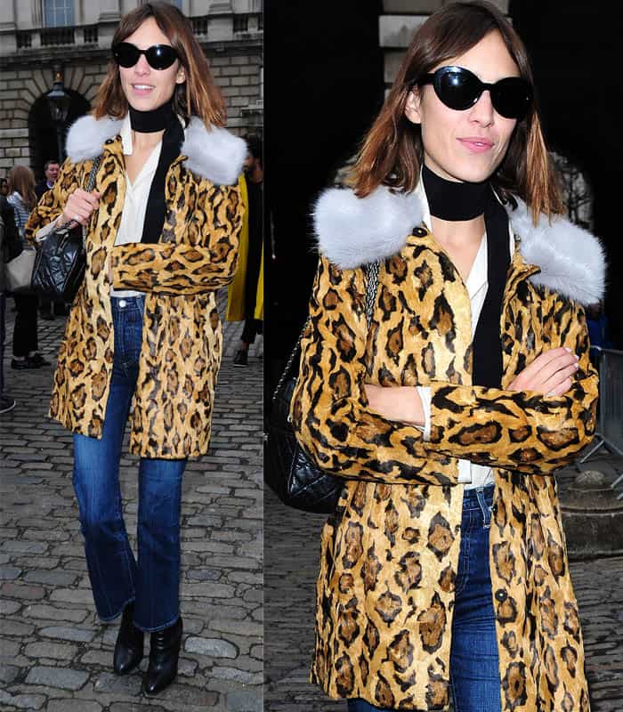 Bold and Beautiful: Alexa Chung stands out in flare jeans paired with a striking leopard-printed coat
