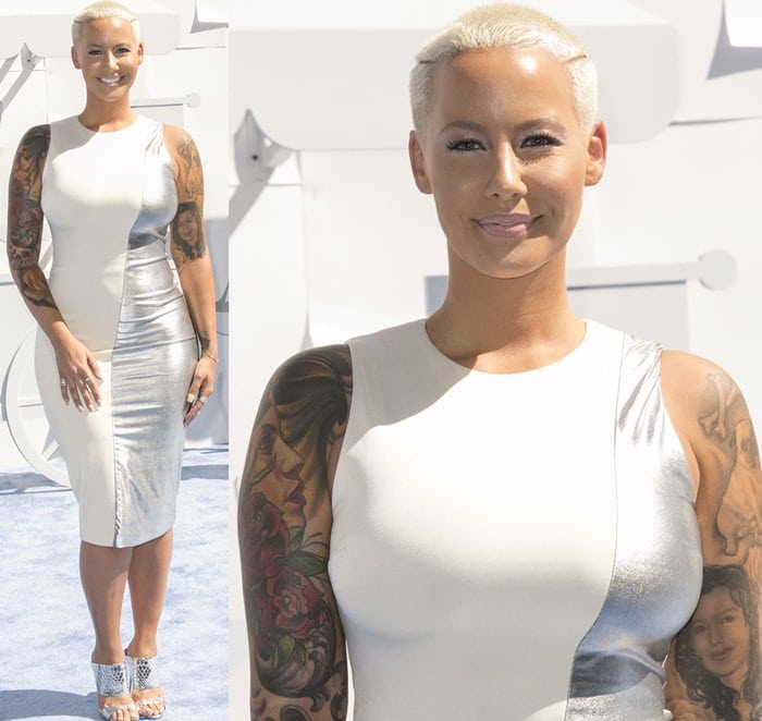 Amber Rose radiates elegance in a white and silver metallic bodycon dress paired with statement Giuseppe Zanotti sandals at the 2015 MTV Movie Awards