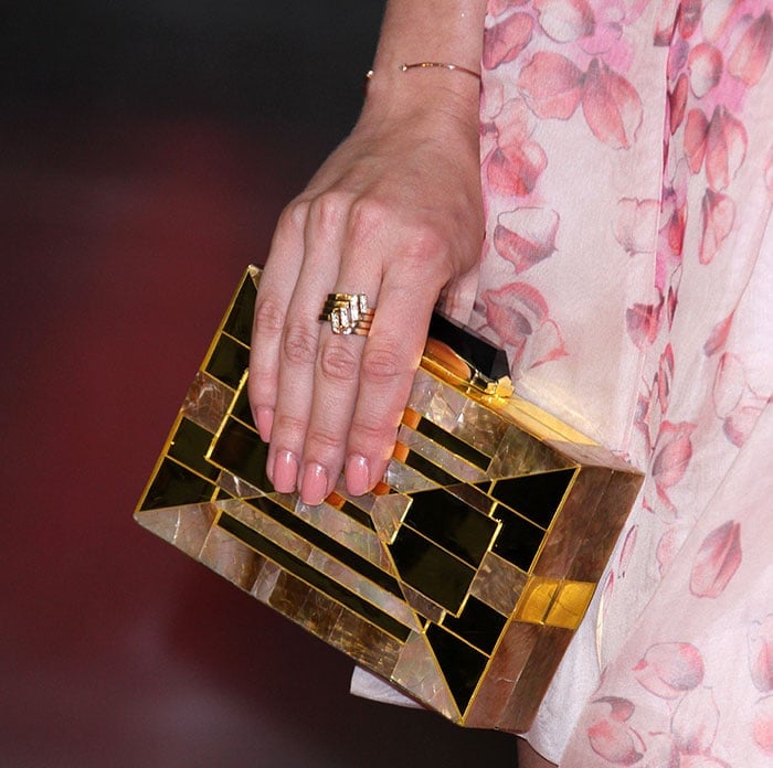 Anna Camp Feet (anna, camp, feet, allover gradient petal print, allover gradient petal print horizontally, allover gradient petal print horizontally pleated) Anna Camp toted a gold Kotur clutch