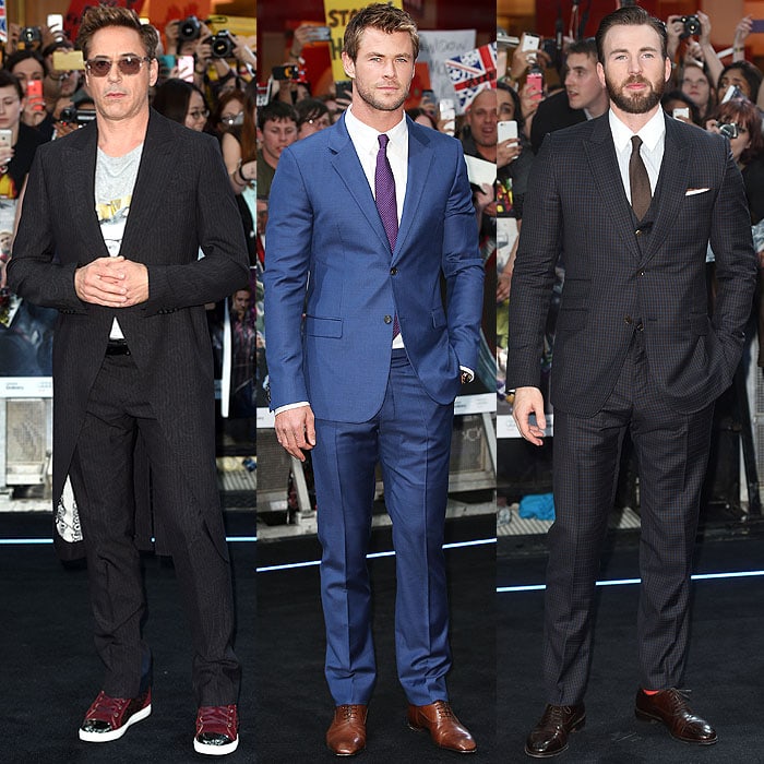 The men of the Avengers: Robert Downey Jr., Chris Hemsworth, and Chris Evans, arriving at the "Avengers: Age of Ultron" premiere in London