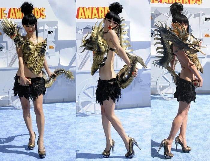 Bai Ling's gold plated 3D dragon dress with a tail that scaled all the way down her back