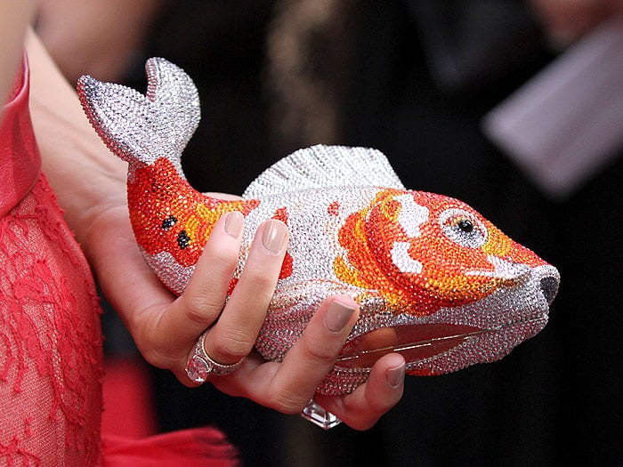 Closeup of the Judith Leiber Koi fish Swarovski-crystal clutch in Blake Lively's hand