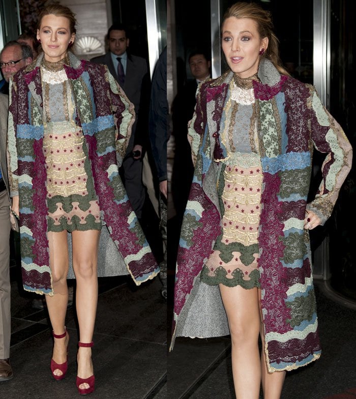Blake Lively leaves her hotel in a long embroidered coat with a matching dress