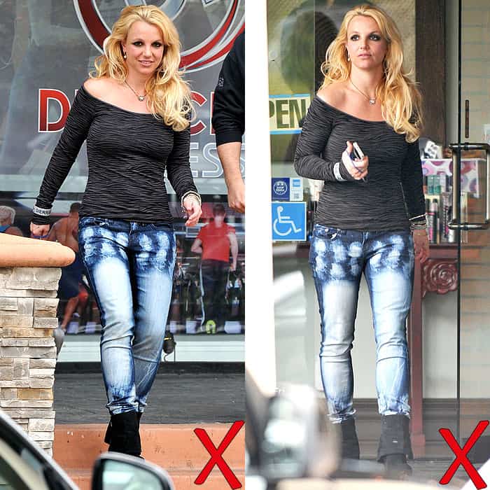 Britney Spears steps out in heavily bleached acid-wash jeans and a ruched off-the-shoulder top, but the exaggerated wash pattern overwhelms her figure
