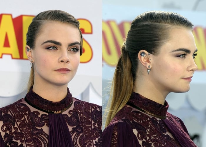 Cara Delevingne's sleek ponytail with finger waves on the side, plum eyes, and rosy pink lip