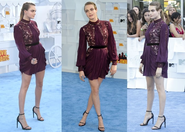 Cara Delevingne flaunted her legs in an eggplant-hued high-neck peasant mini-dress