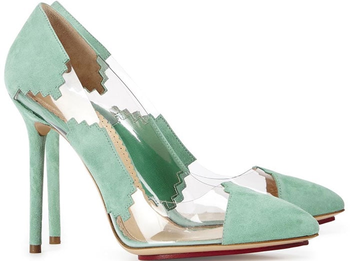 Charlotte Olympia "Montana" Mint Green Suede and PVC Pumps