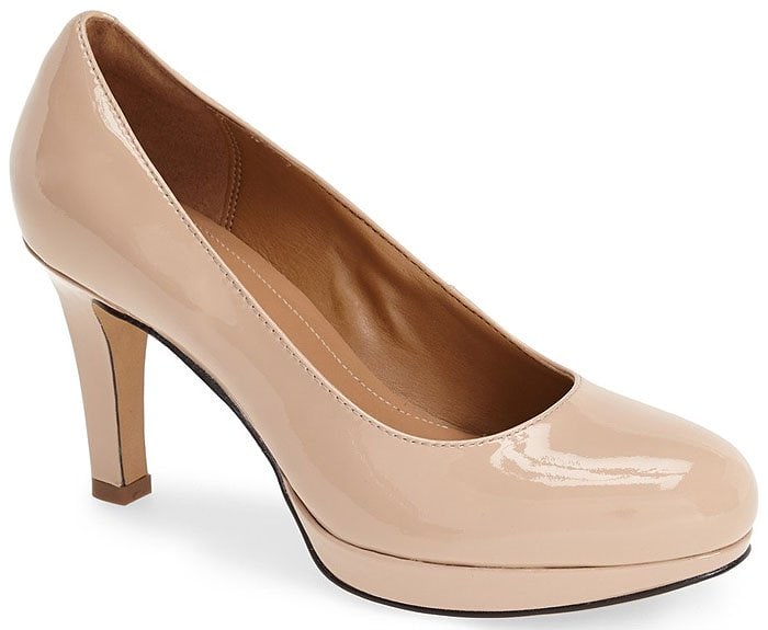 Clarks "Delsie Bliss" Nude Patent Platform Pumps