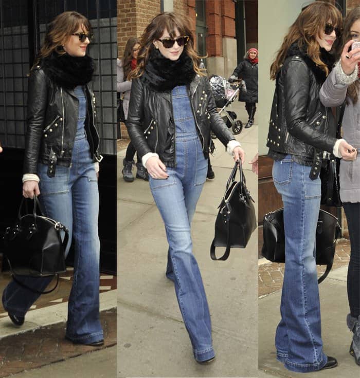 Dakota Johnson in Stella McCartney overalls in New York, February 2015