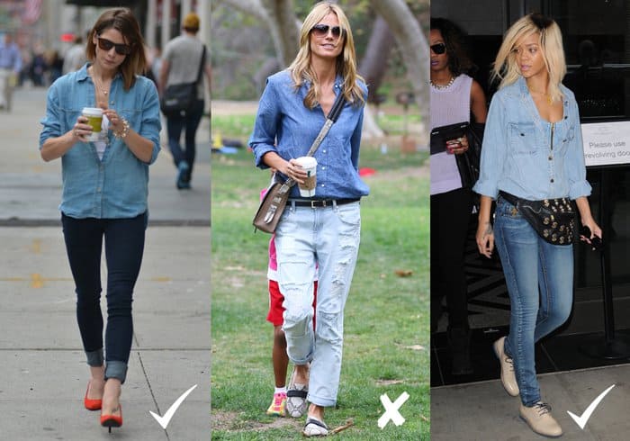 Ashley Greene and Rihanna showcase successful denim-on-denim looks, while Heidi Klum's outfit demonstrates a less flattering combination