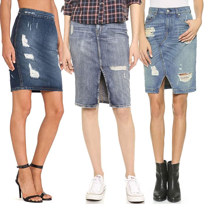 From left to right: Lovers + Friends "Miles" Denim Skirt, Current/Elliott High-Waist Denim Pencil Skirt, and Rag & Bone/JEAN Shredded Denim Skirt