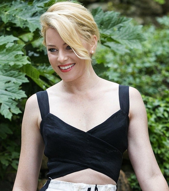 Elizabeth Banks flashed her midriff in a cropped cutout stretch-organza top