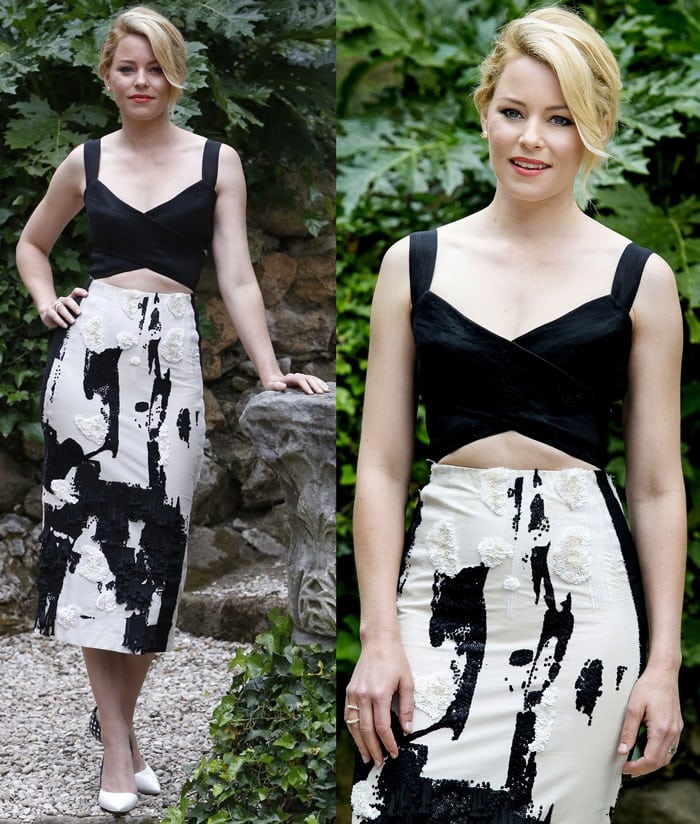 Elizabeth Banks's cow print skirt by Donna Karan