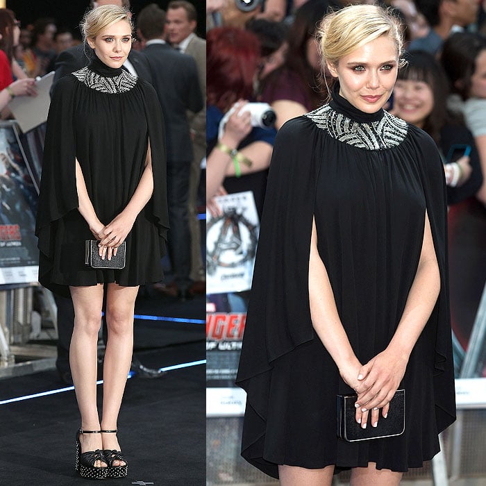 Elizabeth Olsen flaunts her slender legs at the European premiere of "Avengers: Age of Ultron"