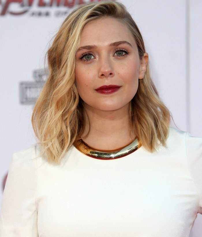 Elizabeth Olsen wearing a sleep-inducing two-tone crepe t-shirt gown from Galvan