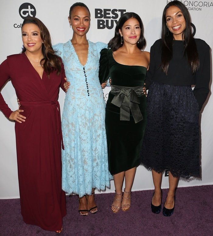 Eva Longoria, Zoe Saldaña, Gina Rodriguez, and Rosario Dawson attending the Eva Longoria Foundation Dinner Gala