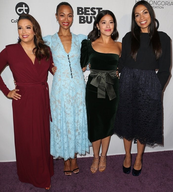 Eva Longoria, Zoe Saldana, Gina Rodriguez, and Rosario Dawson attending the Eva Longoria Foundation Dinner Gala