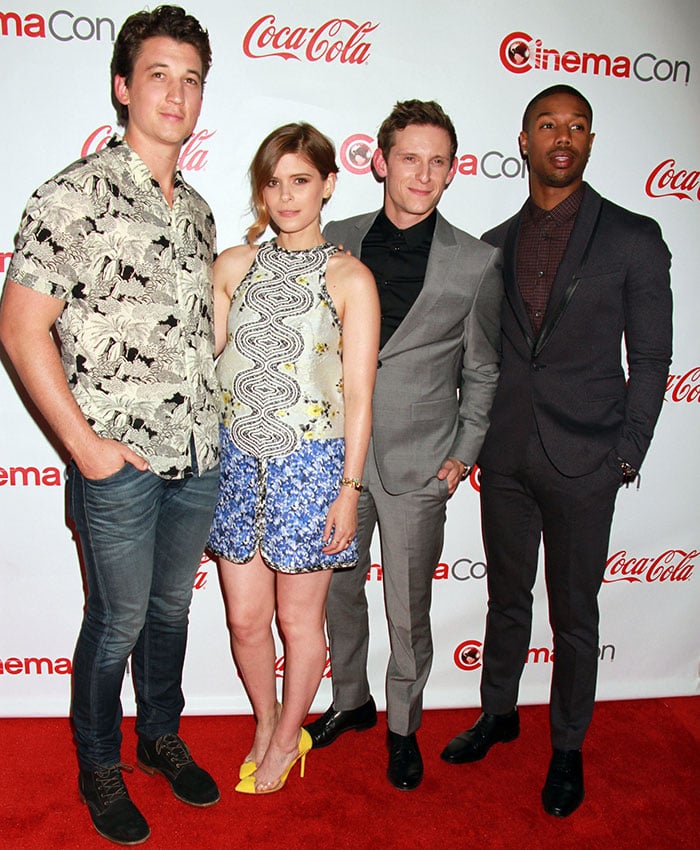 The cast of "Fantastic Four" Miles Teller, Kate Mara, Jamie Bell, and Michael B. Jordan at the 2015 CinemaCon Big Screen Achievement Awards in Las Vegas on April 23, 2015