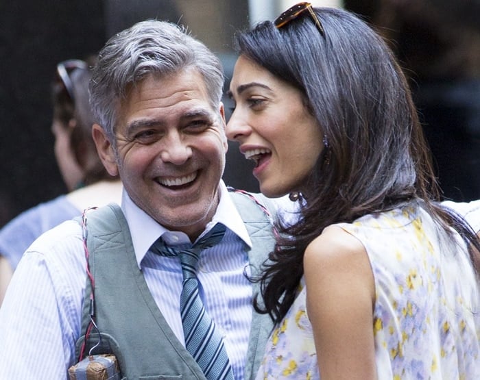 Amal Clooney wears her hair down as she visits her husband, George Clooney, during the filming of "Money Monster"