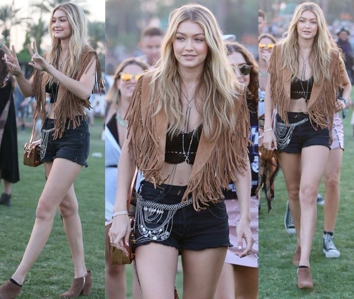 Gigi Hadid flaunts her legs in sexy shorts paired with a brown vest and a bra top