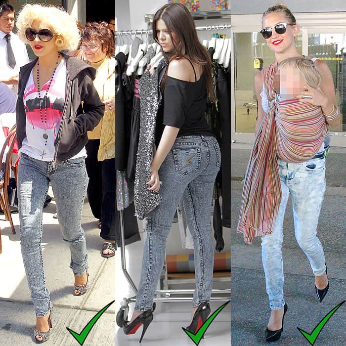 Christina Aguilera, Khloe Kardashian, and Kate Hudson elevate acid wash jeans with stilettos, creating a chic and sophisticated ensemble